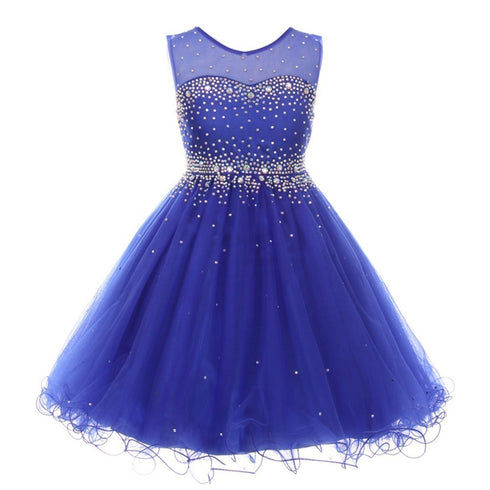 Big Girls Royal Blue Sparkling Rhinestone Illusion Tulle Party Formal Dress 8-16 - SophiasStyle.com
